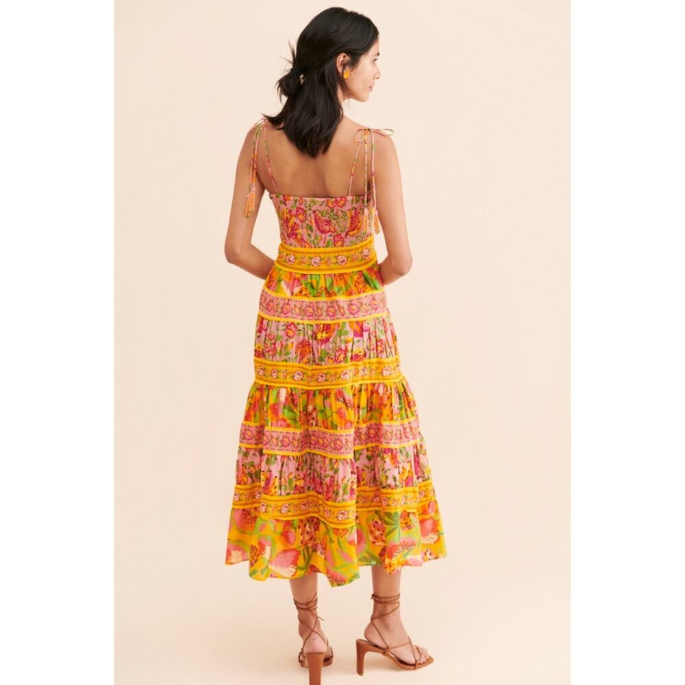 FARM Rio Yellow Pink Floral Tiered Midi Dress - Picture 3 of 12